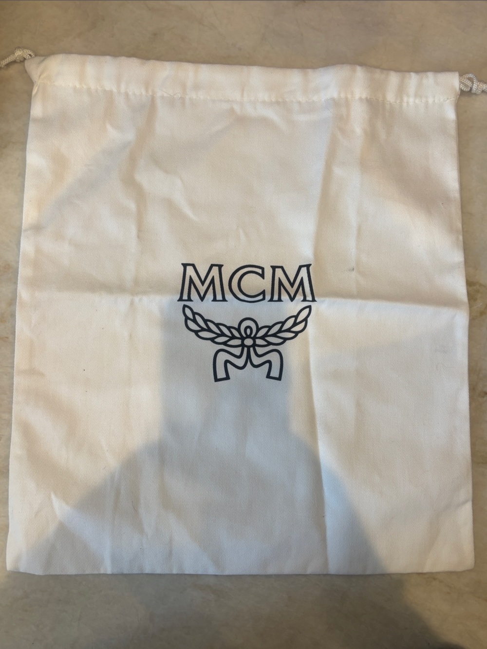 MCM 13.5x15White Drawstring Dust Bag with Black Logo